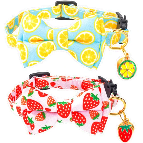 PREHAI Breakaway Cat Collar with Cute Bow Tie Bell 2Pack Lemon Strawberry Cat Collar for Male Female Soft Cotton Kitty Kitten Collar Cute Cat Collar Ideal for Girl Cats Boy Male Cats