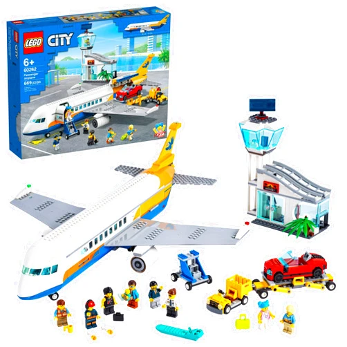 LEGO City Passenger Airplane 60262, with Radar Tower, Airport Truck with a Car Elevator, Red Convertible, 4 Passenger and 4 Airport Staff Minifigures, plus a Baby Figure (669 Pieces)