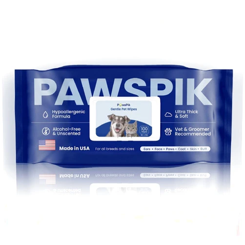 PAWSPIK Made in USA Premium Pet Wipes with All Natural Ingredients for Dogs & Cats, Body, Ears, Face, Butt & Paws - 8x8 Inch Large - Unscented, Ultra Thick, Hypoallergenic & Alcohol-Free (1 Pack (100 pcs))