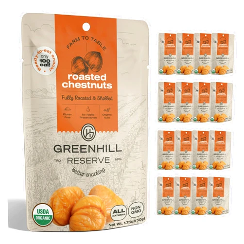 GREEN HILL RESERVE GreenHill Reserve Organic Whole Peeled Roasted Chestnuts, Ready to Eat, 50g / 1.7oz (16 pack) Vegan, Gluten Free, Great for Cooking and Baking, Snacks to Go