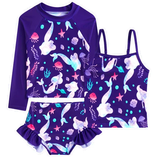 Funnycokid Girls Swimsuit 3 Pieces Long Sleeve Rash Guard Set Tankini Bathing Suits Summer Kids Swimwear 3-10 Years