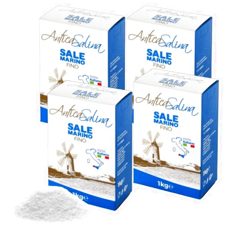 Antica Salina Sea Salt Fine | Antica Salina from Trapani, Sicily | All Natural, Gourmet, Unbleached, Kosher | 2.2lb (1kg) | Pack of 4