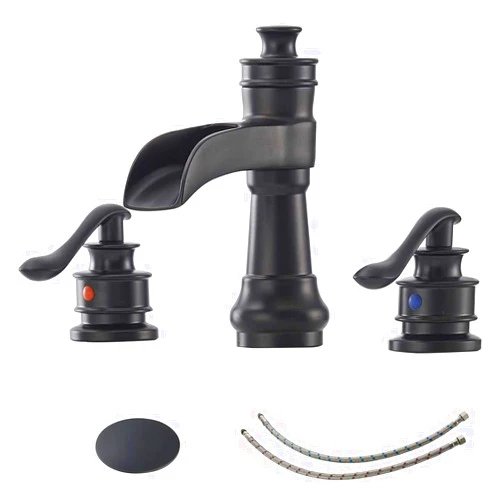 Homevacious Black Widespread Bathroom Faucet 8 Inch 2-Handle Waterfall Bathroom Faucet 3 Hole Farmhouse Vanity Sink Faucets with Pop Up Drain Assembly and Supply Line Commercial Mixer Tap