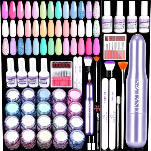 SAVILAND Dip Powder Nail Kit with Drill: 20 Colors Pastel Keratin Dip Nails Powder Starter Kit Summer Spring Dipping Powder Liquid Set Dip Base Activator Top Coat for Beginner Nail Art Home Manicure