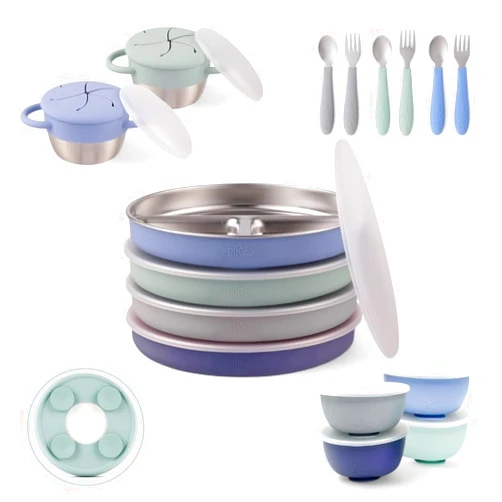 Elk and Friends Kids Stainless Steel Mealtime Bundle | Plates, Bowls, Snack Cups + Toddler Utensils | Silicone Suction Sleeves + Travel Storage Lids | Meals + Snacks | Dishwasher Safe