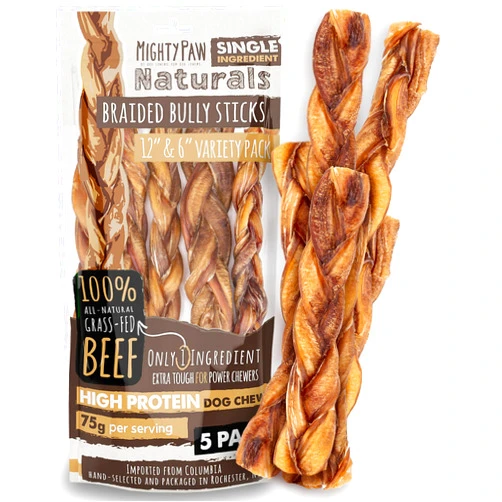 Mighty Paw Braided Bully Sticks for Large Dogs (5 Pack) | Large Bully Sticks. Best Dog Bully Sticks for Medium Dogs. Twisted Treats for All Breeds. Odor Free Bully Sticks. Thick 12” & 6” Variety Pack