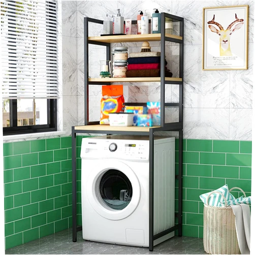 ESRADA Over The Toilet Storage, Washer Storage Frames Floor Standing for Over Toilet,Balcony Drum Washinghine Rack,Thick Carbon Steel Frame Washinghine Rack,3-Layer Bathroom Storage Rack/Black/B (Black a)