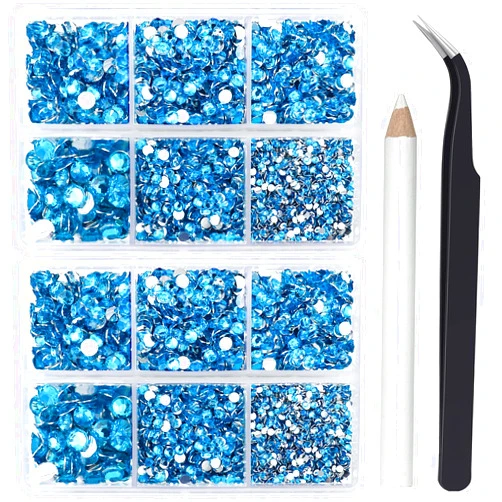 Briskbloom 10000PCS Flatback Rhinestones for Crafts Shoes Clothes, Peacock Blue/Blue Zircon Rhinestone Diamond Tumbler Bedazzling Kit, Mix 2/3/4/5/6mm Glue Fix Rhinestone Gems for Nail Face Art