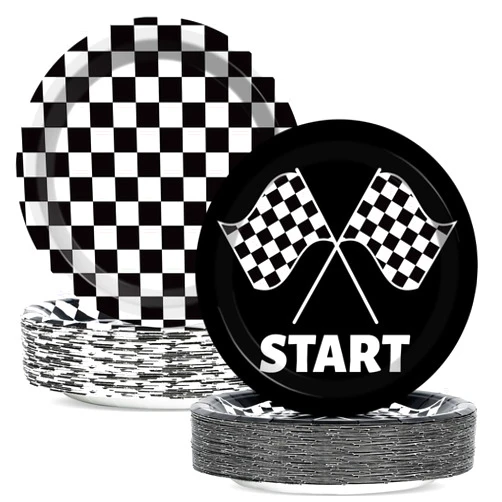 CHUNNIN 50 PCS Black and White Checkered Party Plates for Race Car Themed Party Decoration 7 Inches Race Car Birthday Paper Plates Checkered Disposable Dessert Plates for Boys Girls Race Car Party Supplies