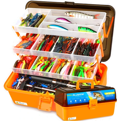 PLUSINNO Large 4-Layer Tackle Box with Tackle Included, 547Pcs Fishing Lures Kit - Pliers, Crankbait, Hooks, Weights & Accessories - Freshwater Bass Fishing Bait Lure Gear and Equipment, Gift for Men