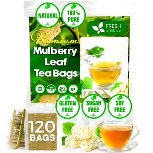 FreshDrinkUS, Premium 120 Mulberry Leaf Tea Bags, 100% Natural & Pure from Mulberry Leaves. Loose Leaf Mulberry Herbal Tea. Made with Natural Material Tea Bags. No Sugar, No Caffeine, No Gluten, Vegan.