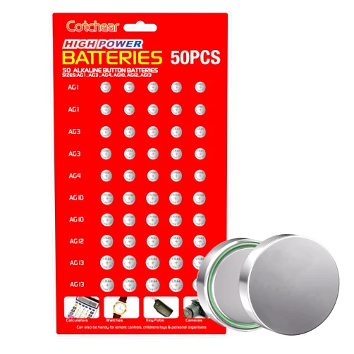Cotchear 50pcs Alkaline Cell Batteries Assorted 1.5 Volt AG1/LR621 AG3/LR41 AG4/LR626 AG10/LR1130 AG12/LR43 AG13/LR44 Coin Batteries Set 0% Mercury