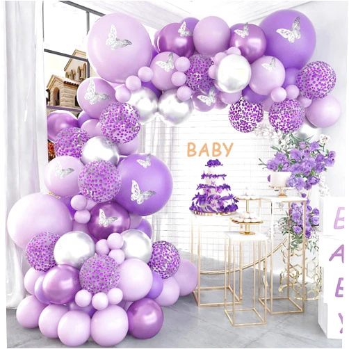 Patimate Purple Balloon Arch Kit with Butterfly Stickers - Purple Confetti Silver Metallic Balloons and Sliver Butterfly Stickers for Butterfly Birthday Baby Shower Decorations for Girl