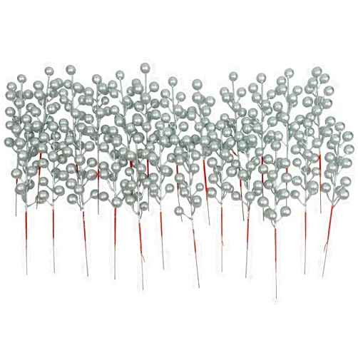 KPUETY Artificial Berry, 24 pcs Christmas Berries Stems, Artificial Christmas Picks,Artificial Berries Stems for Xmas Tree Ornaments Wreath Decorations Home (Silver)