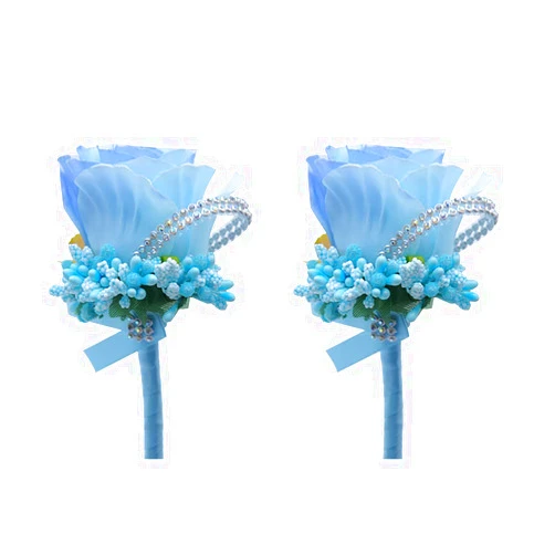 BUUEERR Pack of 2 Satin Rose Boutonniere Buttonholes Groom Groomsman Best Man Rose Wedding Flowers Accessories Prom Suit Decoration Boutineers for Men Wedding, Prom, Party,Homecoming (Light Blue)