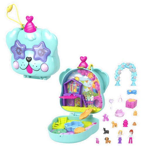 Polly Pocket Compact Playset, Doggy Birthday Bash with 2 Micro Dolls & Accessories, Travel Toy with Surprise Reveals