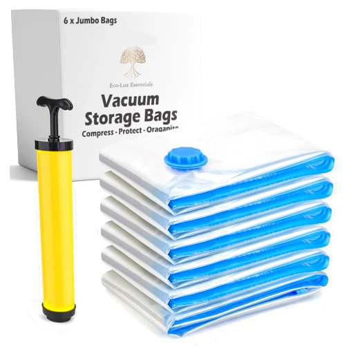 Eco-Lux Essentials Vacuum Storage Bags - Clothes Storage Bag Vacuum Pack - Space Saver Vacuum Storage Bags for Clothes Storage, Vacuum Bags for Bedding - Vacuum Bags for Clothes - with Pump (6 Pack Jumbo)