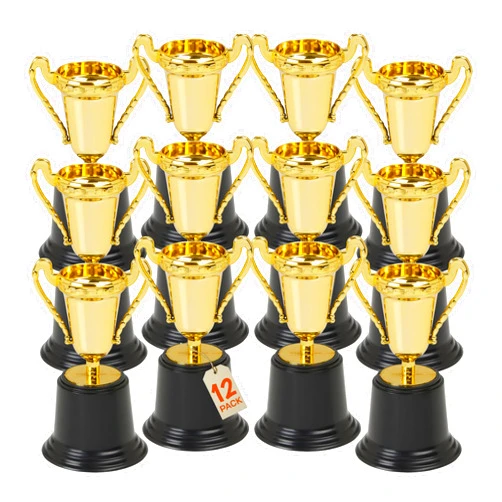 Playbees Plastic Mini Trophies - 12PK - 5 Inch - Gold Cups Participation Award, Sports Galore, Winning Prizes Props, Victory Vibes, Champion, Sports