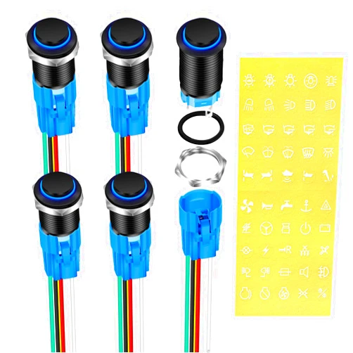 DaierTek Latching Push Button Switch 12V Pushbutton Switch Blue LED 12 Volt Push Button Switch Metal Waterproof ON Off Switch 16mm with Label -5Pack