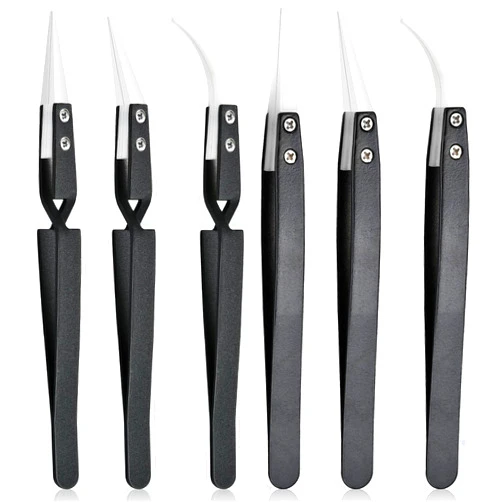 Aemygo 6 Pcs Precision Reverse Ceramic Tweezers Set, Non-Conductive Heat-resistant Electronics Soldering Tweezers Anti-Magnetic Pointed & Curved Tips Tweezers for Solder, Pinching Coils (Black)