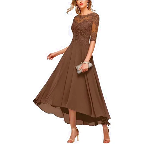 YINADUUS Semi Formal Dresses for Women Lace Applique Round Neck Mother of The Groom Dress for Wedding Brown US 22