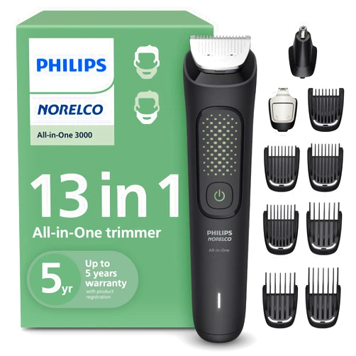 Norelco Philips All-in-One 3000 Series 13 in 1 Trimmer for Men, Beard Trimmer & Head Hair Clipper, Full Metal Self-Sharpening Blades & 8 Length Settings, MG3939/50
