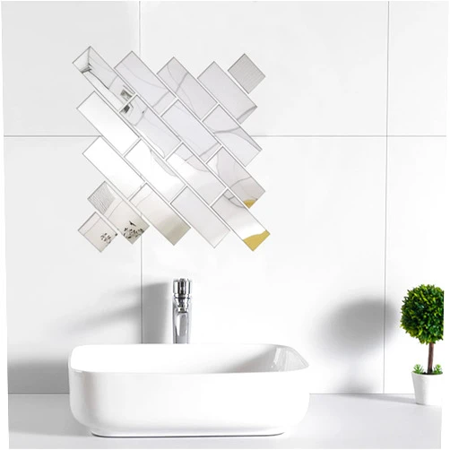 FUNFLY 21 Pcs Removable Acrylic Mirror Setting, Mirror Wall Stickers Decal for Living Room Bathroom Decor, Self Adhesive (6x15, Silver)