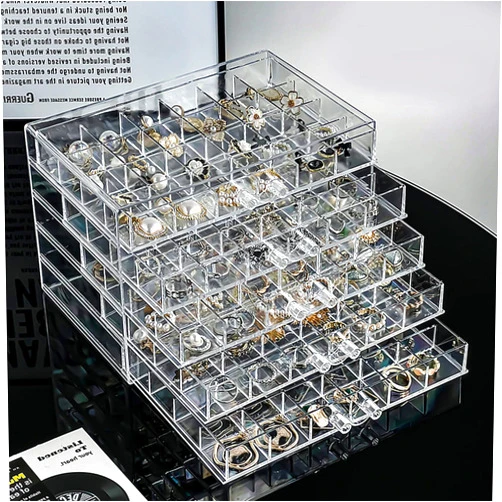 yarlung Acrylic Jewelry Storage Box Earring Holder with 5 Drawers, 120 Grids Jewelry Organizer Tray Clear Ring Display Case for Beads, Nail Tips, Women Girls, Birthday Gift