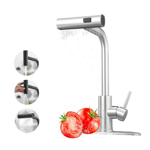 JOOM Kitchen Faucets with Pull Down Sprayer,Waterfall Kitchen Sink Faucet,Commercial Utility Stainless Steel Kitchen Faucets,Single Handle Kitchen Sink Faucet with Pull Down Sprayer for 3 Function,Brushed