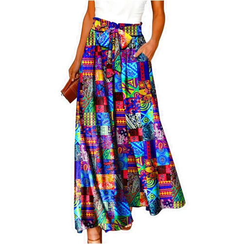 YESNO Women Wide Leg Pants High Waisted Floral Boho Palazzo Culottes Casual Flowy Tie Knot Trousers with Pockets PPS