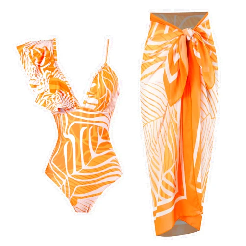 IBAKOM One Piece Swimsuit with Cover Ups Women Push Up Two Pieces Bathing Suit Sexy Bikini Set Wrap Skirt Swimwear Sarong