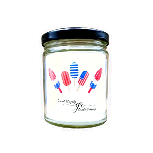 Handmade Popsicle Bomb Pop Rocket Ice Cream 9oz Soy Blend Candle patriotic Red White and Blue confetti glitter (Mahogany teakwood)