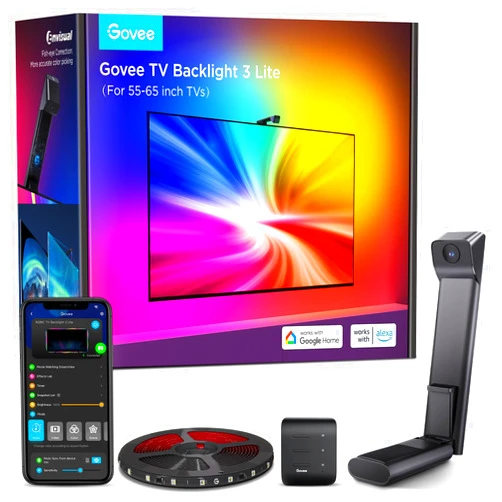 Govee TV Backlight 3 Lite with Fish-Eye Correction Function Sync to 55-65 Inch TVs, 11.8ft RGBICW Wi-Fi TV LED Backlight with Camera, 4 Colors in 1 Lamp Bead, Voice and APP Control, Adapter