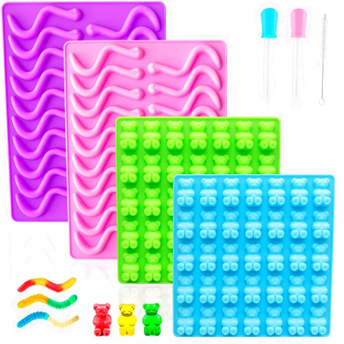 HKUCFTT Large Gummy Bear and Worm Mold Silicone, Candy Gummy Molds for Kids, Non-stick Chocolate Molds BPA Free with 2 Droppers & 1 Cleaning Brush, Set of 4