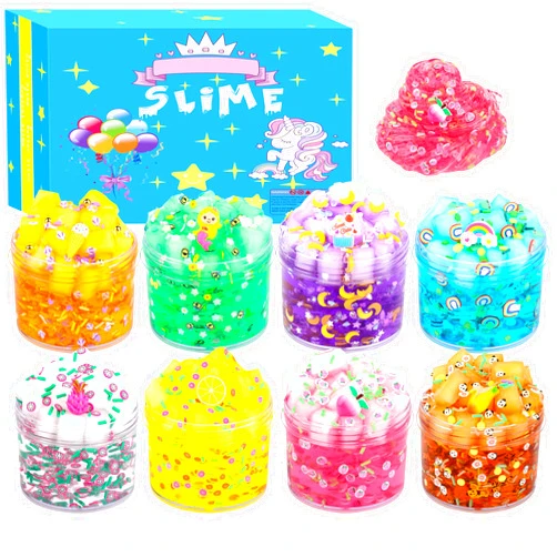 Jajskuwa 8 Packs Jelly Crunchy Slime Kit,Non Sticky,Super Soft Sludge Toy,Birthday Gifts for Kids,DIY Premade Crystal Glue Boba Slime Party Favor for Girls & Boys
