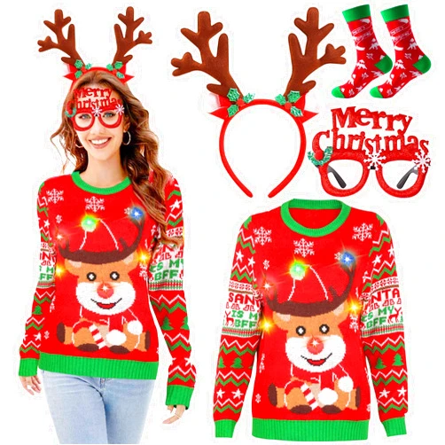 Elefama Light Up Ugly Christmas Sweater for Women 2024 LED Reindeer Tacky Funny Ugly Xmas Christmas Sweaters Women Couples