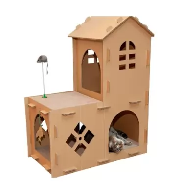 Polipets Cat Scratching House-Shaped Double-Story, Scratching Pad Made of Recyclable Corrugated Cardboard, Claw Sharpener Toy for Cats, Scratching Post, Cardboard Brown