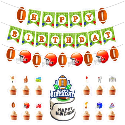 HOJADA American Football Happy Birtdhay Party Banner Decorations Set Super Bowl Party Supplies Rugby Hanging Decoration Include Birthday Banner Cake Toppers