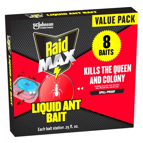 Raid Max Liquid Ant Bait; Kills Ants Where They Breed, for Indoor and Outdoor Use; 8 Bait Stations