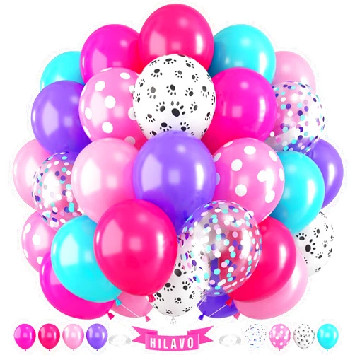 HILAVO Dog Paw Balloons Set 60 Pcs 12 Inch Pink Purple Blue Balloons Puppy Paw Print Polka Dot Balloons Hot Pink Purple Teal Blue Turquoise Balloon for Kids Girls Baby Shower Birthday Party Decorations