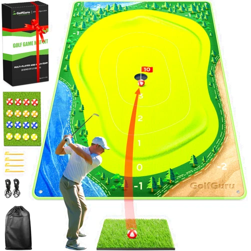 Golfguru Golf Chipping Game, 3 in 1 Golf Chipping Game Mat with Golf Mat, 16 Golf Balls, 4 Ground Stakes, Indoor Golf Game for Adults Kids, Golf Training Equipment, Golf Gifts Accessories for Men
