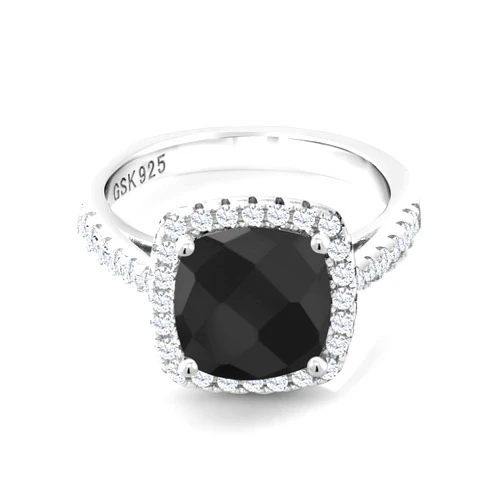 Gem Stone King 925 Sterling Silver Black Onyx and White Created Sapphire Ring For Women (2.61 Cttw, Cushion Checkerboard 8MM, Gemstone Birthstone, Available In Size 5, 6, 7, 8, 9)