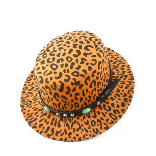 SDGEZ Retro Winter Autumn Women's Hat Flat Top Hat Wool Felt Turquoise Studded Leather Belt Decorative Fedora Hat