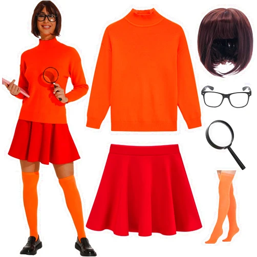 UIMLK Couples Halloween Costumes for Women 2024 Velma Cosplay Outfit Orange Turtleneck Knit Sweaters with Mini Skater Skirt