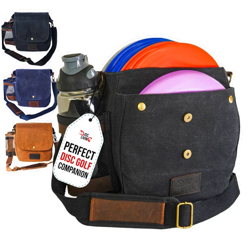 Disc Living Disc Golf Bag | Frisbee Golf Bag | Easy to Carry | Lightweight Fits Up to 10 Discs | 16 oz Waxed Canvas Sturdy Design | Belt Loop | Double Button Design | Bottle Holder