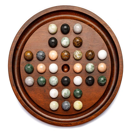 Lingle Deluxe Solitaire Game Set: 12.6'' Solid Wooden Board, 32 Natural Marble Balls, Single-Player Strategy and Smart Games