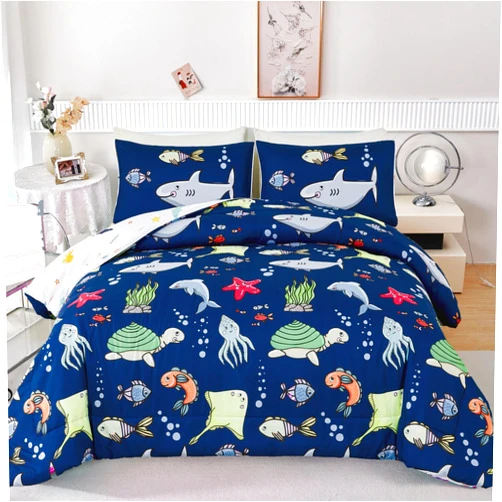 RYNGHIPY Kids Bedding Set for Full Bed Reversible Ocean Animals Print Comforter Set for Boys Girls Easy-Wash Super Soft Microfiber Bed Set (Navy Ocean,Full)