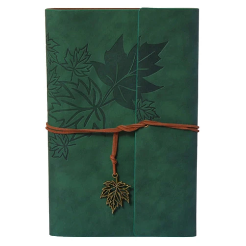 Wei Long Leather Writing Journal Notebook,Classic Spiral Bound Notebook Refillable Diary Sketchbook Gifts with Unlined Travel Journals to Write in for Girls and Boys(Leaves,A6/Dark Green)