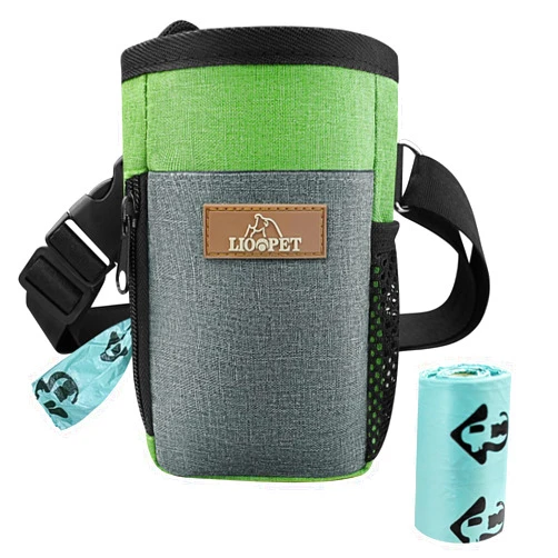 LIOOPET Dog Treat Pouch - Fashionable Green&Grey Design - Large Capacity Dog Treat Bag for Dog Walks, Outdoor Activities, Travel and Training - Includes 1 Poop Bags