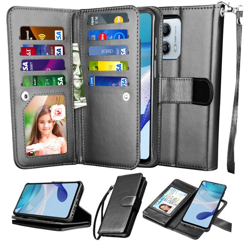 NJJEX for Motorola Moto G 5G 2024 Wallet Case, for Moto G Play 5G 2024 Case, [9 Card Slots] PU Leather ID Credit Card Holder Folio Flip [Detachable] Kickstand Magnetic Phone Cover & Lanyard [Black]